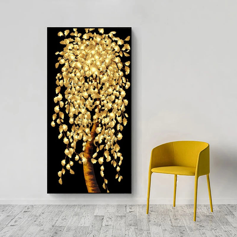 Abstract Golden Leaves and Flower Tree Oil Painting on Canvas Posters and Prints Wall Art Pictures for Living Room Cuadros Decor
