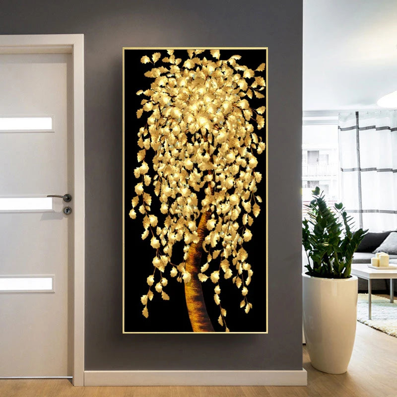 Abstract Golden Leaves and Flower Tree Oil Painting on Canvas Posters and Prints Wall Art Pictures for Living Room Cuadros Decor
