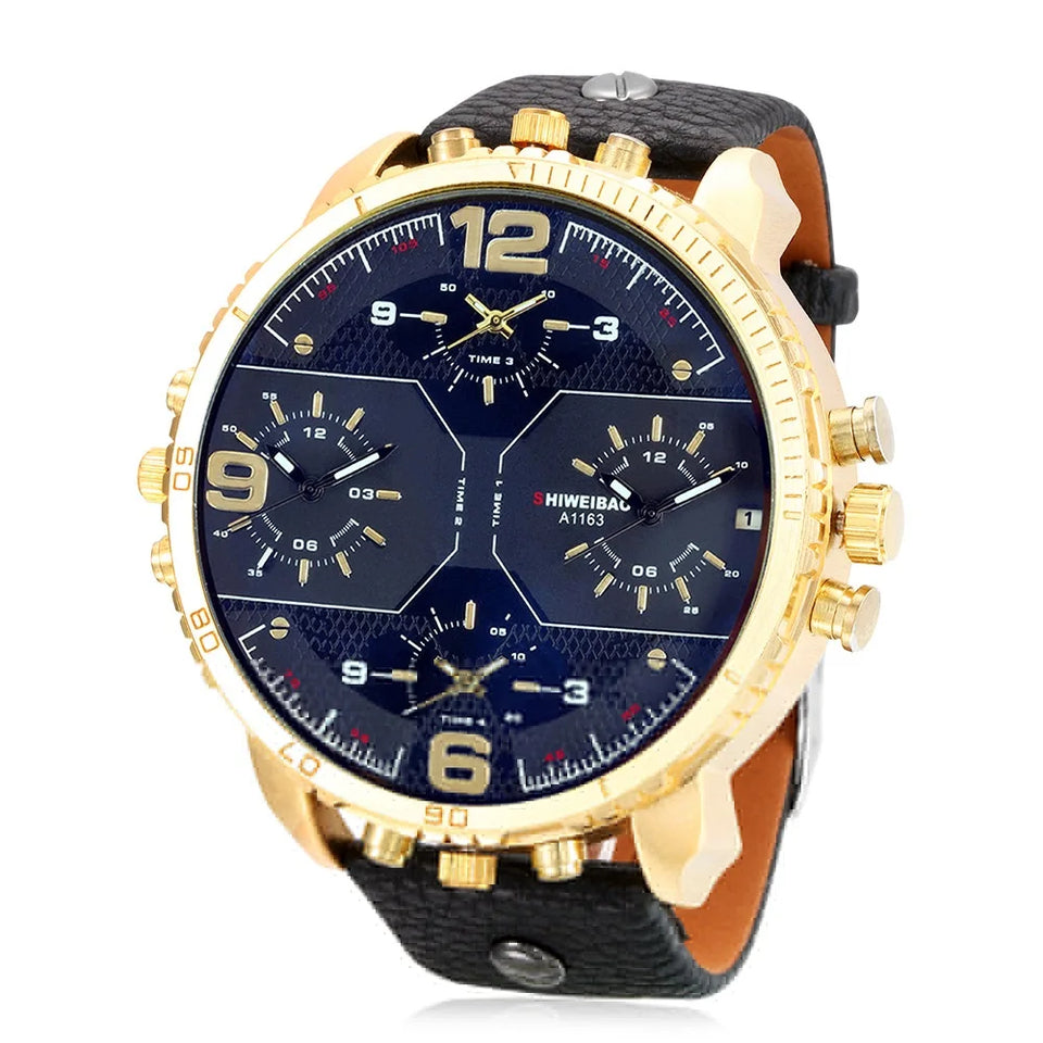 Cool Big Watch Men Watches Quartz Wrist Watch Golden Case Leather Army Quartz-Watch Relogio Masculino 4 Time Zones Military Hour