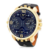 Cool Big Watch Men Watches Quartz Wrist Watch Golden Case Leather Army Quartz-Watch Relogio Masculino 4 Time Zones Military Hour