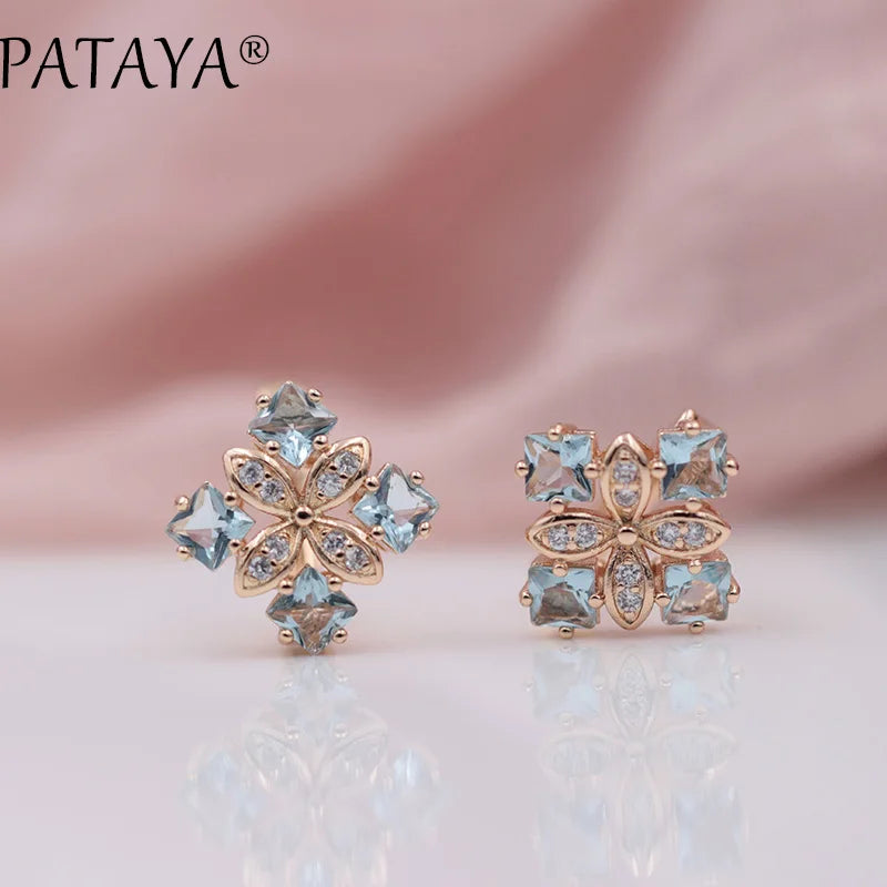 PATAYA New Arrivals Women Square Luxury 585 Rose Gold Color Blue Natural Zircon  Earrings Wedding Jewelry Bridal Party Earrings