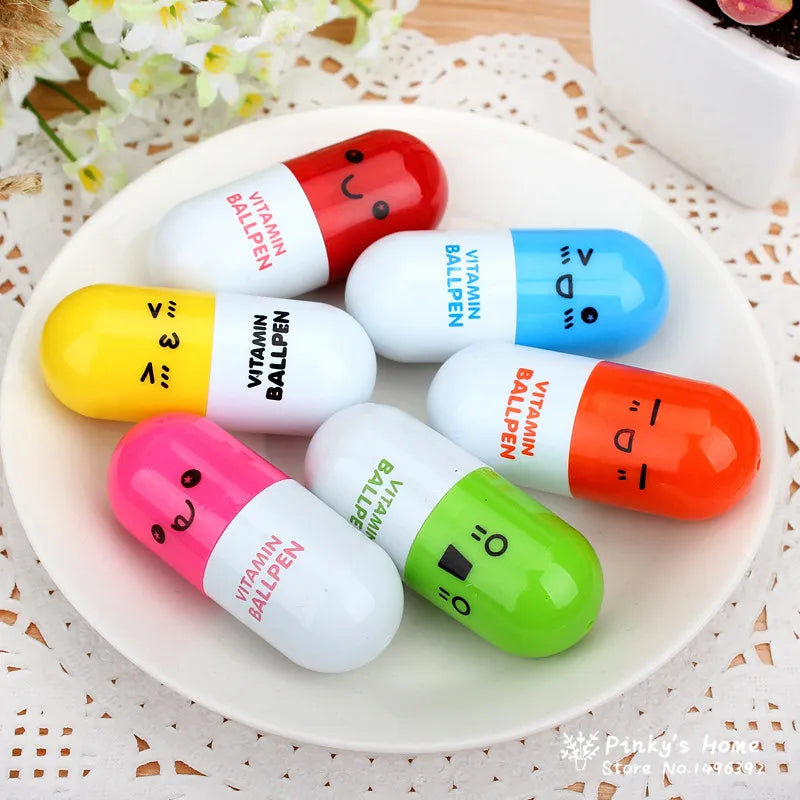 6pcs/lot Korea Stationery Smiling Face Pill Shape Ballpoint Pen Cute Cartoon Favor Retractable Ball Pen