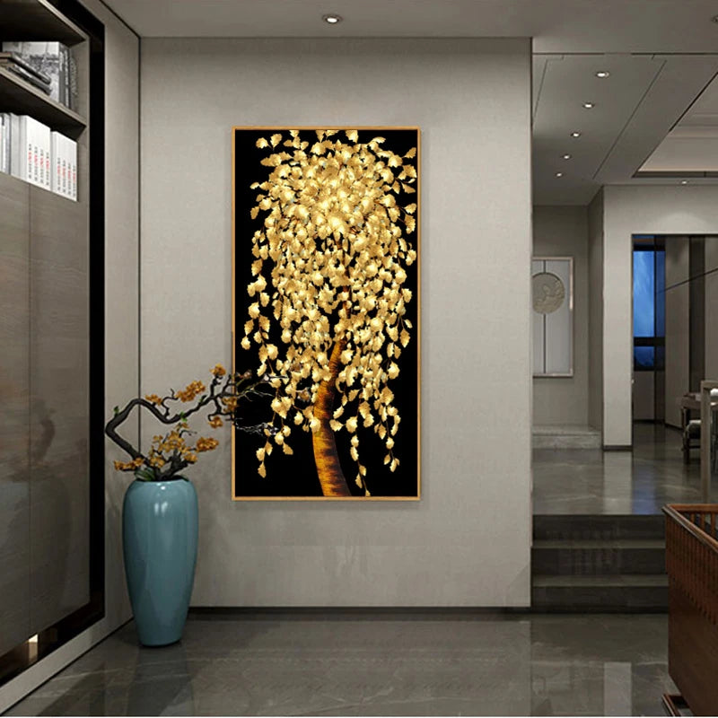 Abstract Golden Leaves and Flower Tree Oil Painting on Canvas Posters and Prints Wall Art Pictures for Living Room Cuadros Decor