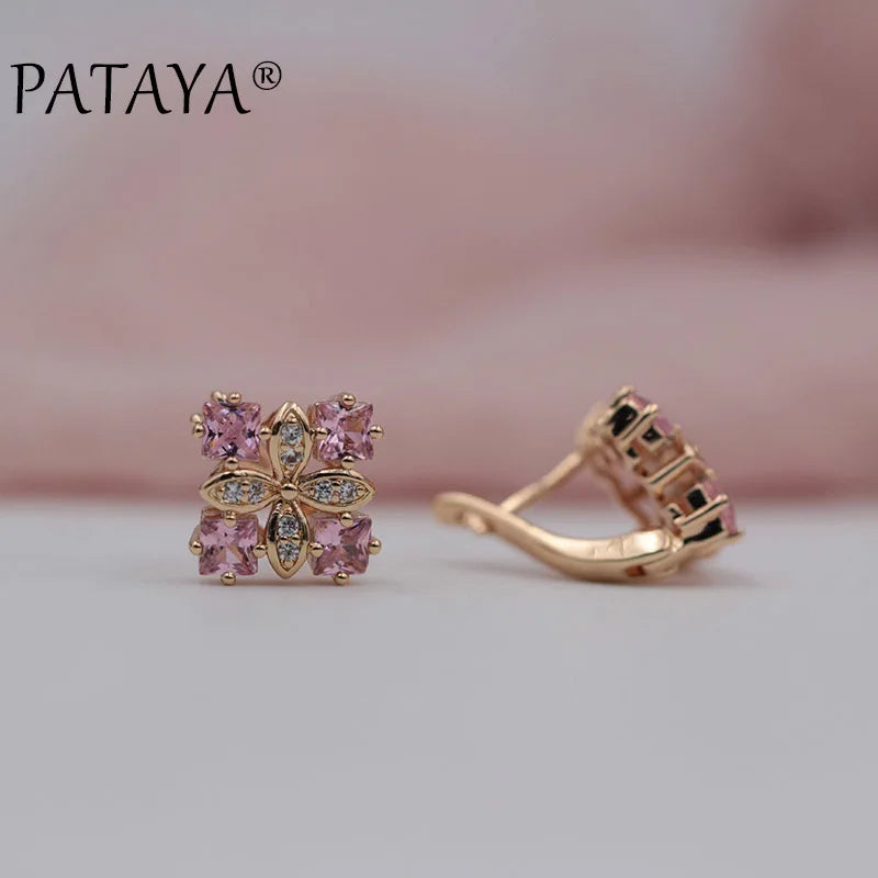 PATAYA New Arrivals Women Square Luxury 585 Rose Gold Color Blue Natural Zircon  Earrings Wedding Jewelry Bridal Party Earrings