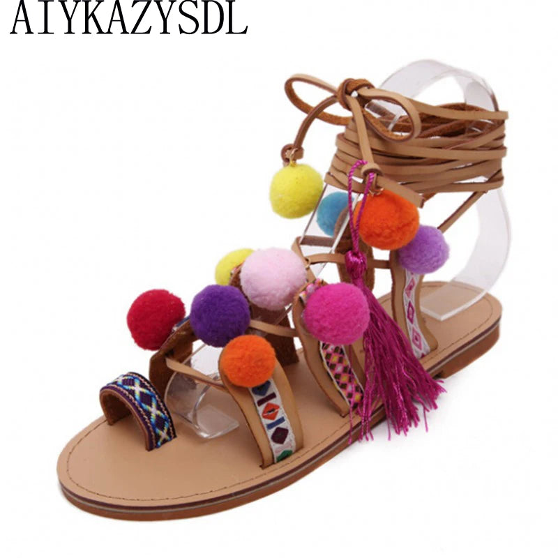 AIYKAZYSDL Ethnic Bohemia Summer Woman Pompon Sandals Gladiator Roman Strappy Knee High Boots Embroidered Tassel Shoes Flats