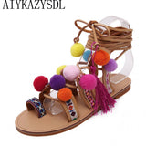 AIYKAZYSDL Ethnic Bohemia Summer Woman Pompon Sandals Gladiator Roman Strappy Knee High Boots Embroidered Tassel Shoes Flats