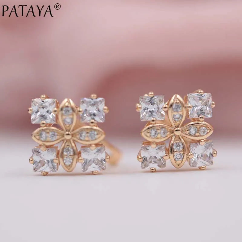 PATAYA New Arrivals Women Square Luxury 585 Rose Gold Color Blue Natural Zircon  Earrings Wedding Jewelry Bridal Party Earrings