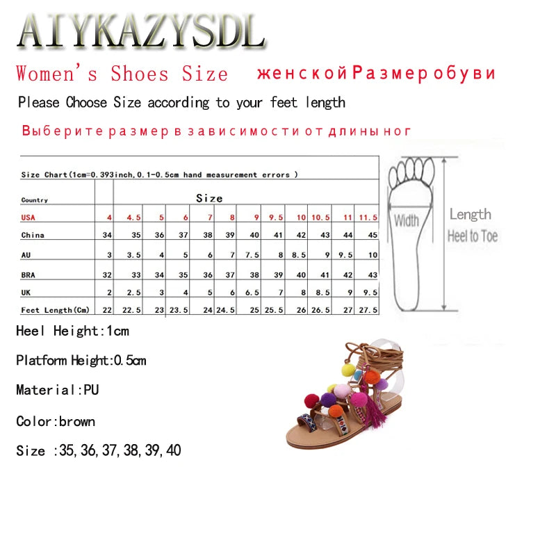 AIYKAZYSDL Ethnic Bohemia Summer Woman Pompon Sandals Gladiator Roman Strappy Knee High Boots Embroidered Tassel Shoes Flats