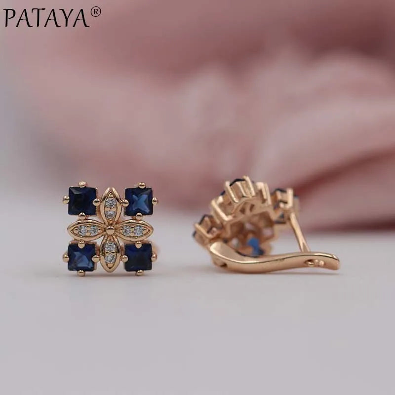 PATAYA New Arrivals Women Square Luxury 585 Rose Gold Color Blue Natural Zircon  Earrings Wedding Jewelry Bridal Party Earrings
