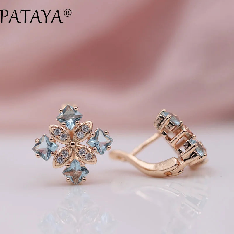 PATAYA New Arrivals Women Square Luxury 585 Rose Gold Color Blue Natural Zircon  Earrings Wedding Jewelry Bridal Party Earrings