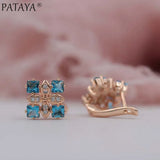 PATAYA New Arrivals Women Square Luxury 585 Rose Gold Color Blue Natural Zircon  Earrings Wedding Jewelry Bridal Party Earrings