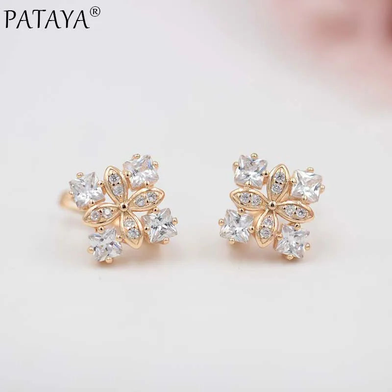 PATAYA New Arrivals Women Square Luxury 585 Rose Gold Color Blue Natural Zircon  Earrings Wedding Jewelry Bridal Party Earrings