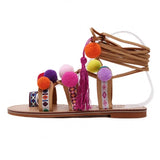 AIYKAZYSDL Ethnic Bohemia Summer Woman Pompon Sandals Gladiator Roman Strappy Knee High Boots Embroidered Tassel Shoes Flats