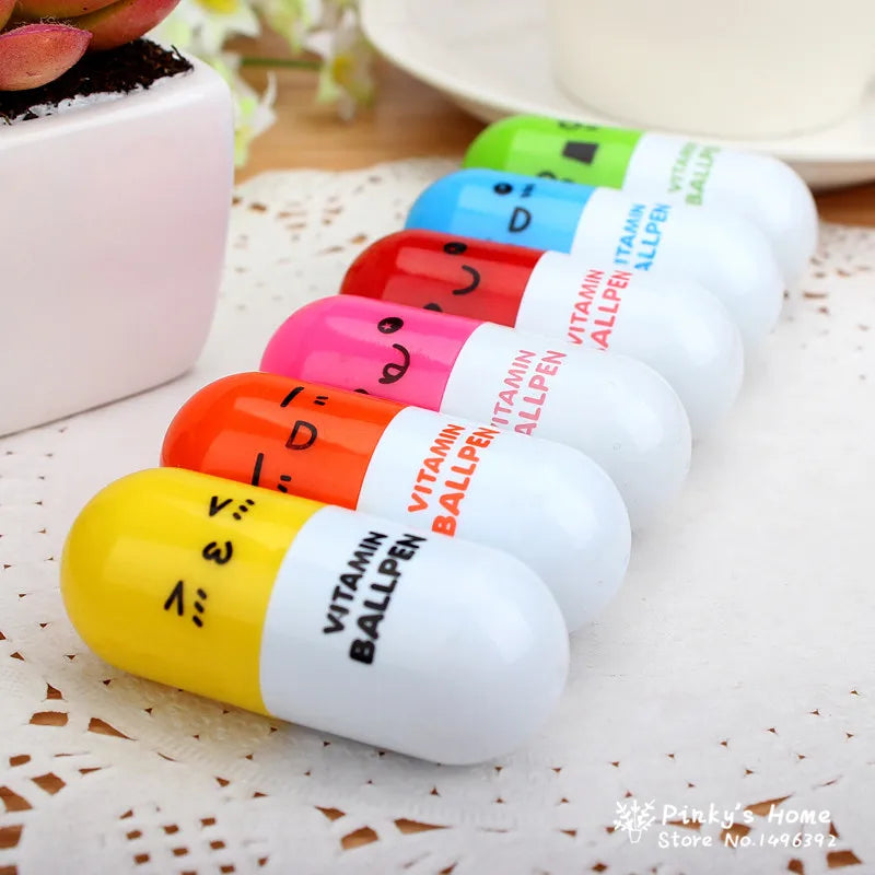 6pcs/lot Korea Stationery Smiling Face Pill Shape Ballpoint Pen Cute Cartoon Favor Retractable Ball Pen