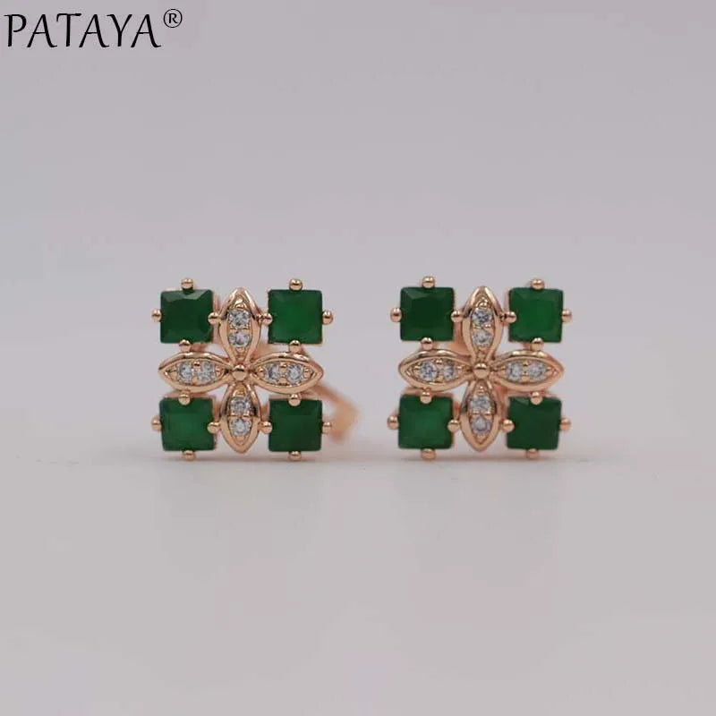 PATAYA New Arrivals Women Square Luxury 585 Rose Gold Color Blue Natural Zircon  Earrings Wedding Jewelry Bridal Party Earrings
