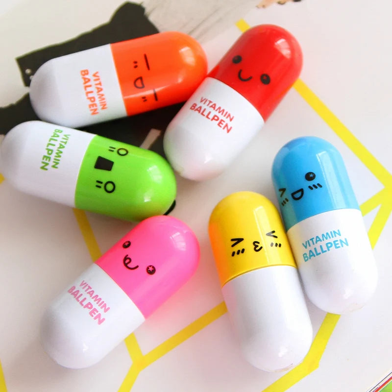 6pcs/lot Korea Stationery Smiling Face Pill Shape Ballpoint Pen Cute Cartoon Favor Retractable Ball Pen