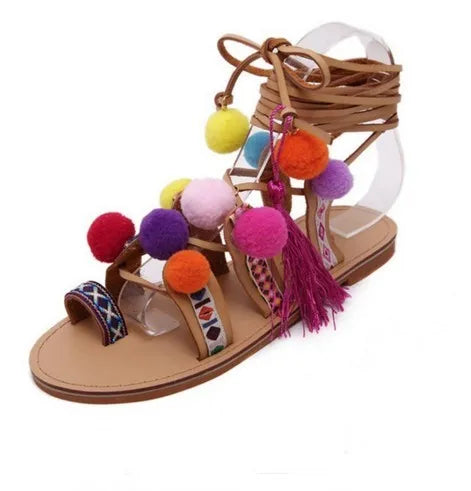 AIYKAZYSDL Ethnic Bohemia Summer Woman Pompon Sandals Gladiator Roman Strappy Knee High Boots Embroidered Tassel Shoes Flats