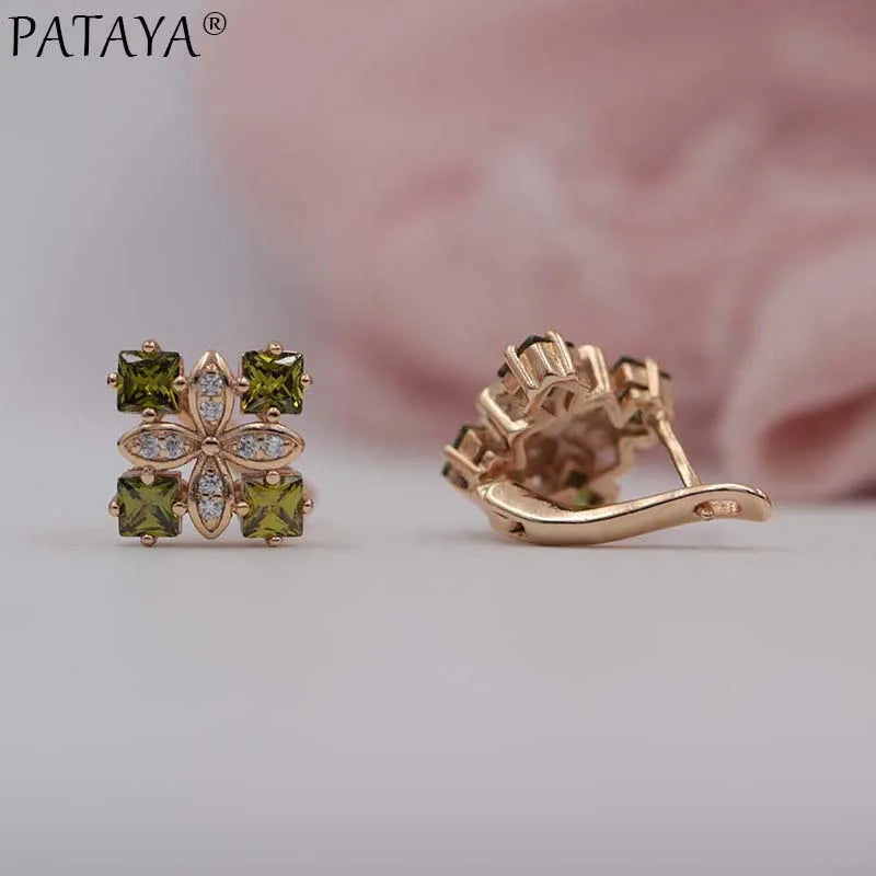 PATAYA New Arrivals Women Square Luxury 585 Rose Gold Color Blue Natural Zircon  Earrings Wedding Jewelry Bridal Party Earrings