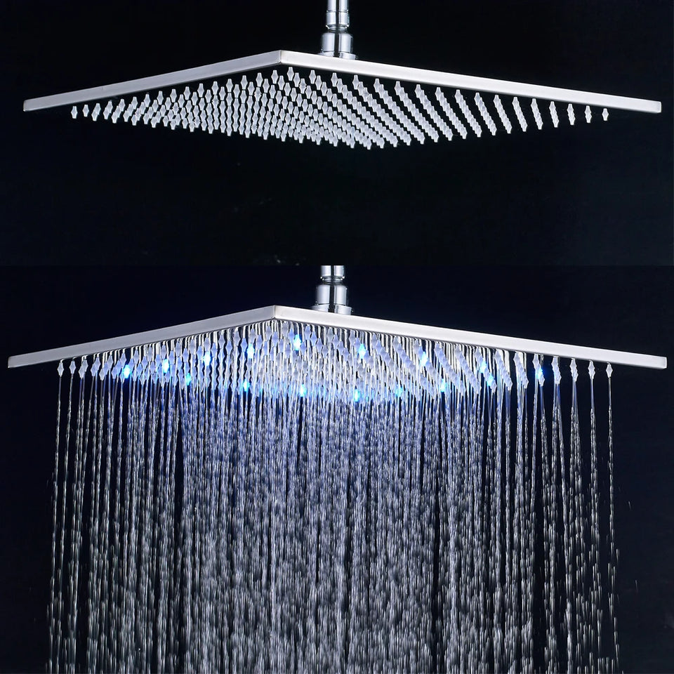 Rainfall Shower Head LED Light 12/16" Large Brass Rainfall Shower Faucet Head Square Shape/Color Changed