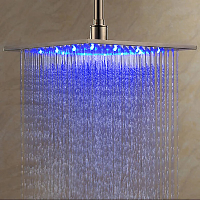 Rainfall Shower Head LED Light 12/16" Large Brass Rainfall Shower Faucet Head Square Shape/Color Changed