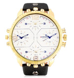 Cool Big Watch Men Watches Quartz Wrist Watch Golden Case Leather Army Quartz-Watch Relogio Masculino 4 Time Zones Military Hour
