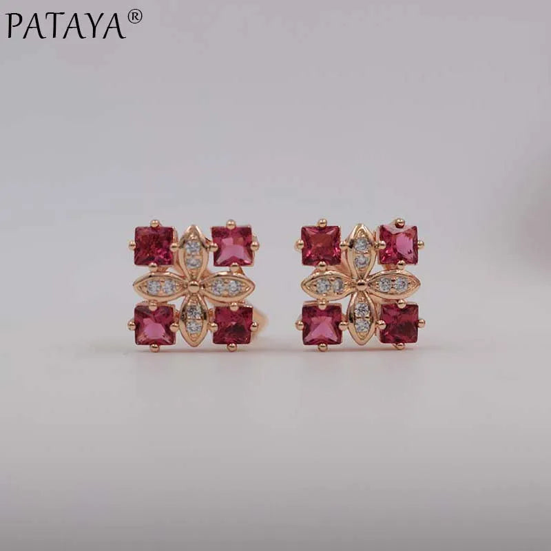 PATAYA New Arrivals Women Square Luxury 585 Rose Gold Color Blue Natural Zircon  Earrings Wedding Jewelry Bridal Party Earrings