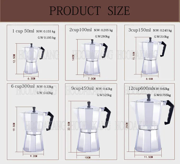 HOODAKANG-Stovetop Moka Coffee Maker, Italian Espresso, Expresso Percolator, Cafe Coffee Pot, 1, 2, 3, 6, 9, 12, 14Cup