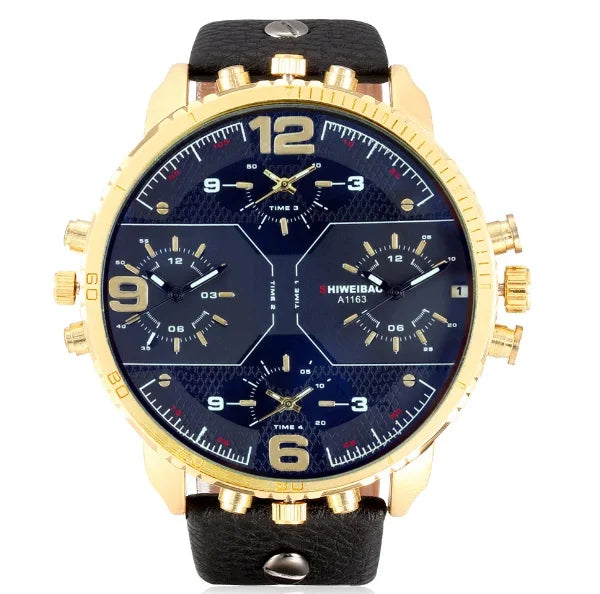 Cool Big Watch Men Watches Quartz Wrist Watch Golden Case Leather Army Quartz-Watch Relogio Masculino 4 Time Zones Military Hour
