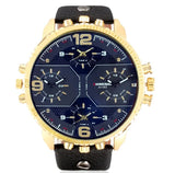 Cool Big Watch Men Watches Quartz Wrist Watch Golden Case Leather Army Quartz-Watch Relogio Masculino 4 Time Zones Military Hour