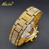 MISSFOX Men Watches 2021 Luxury Large Case With Baguette Full Diamond Quartz Wristwatch Chronograph Calendar Watch Droshipping