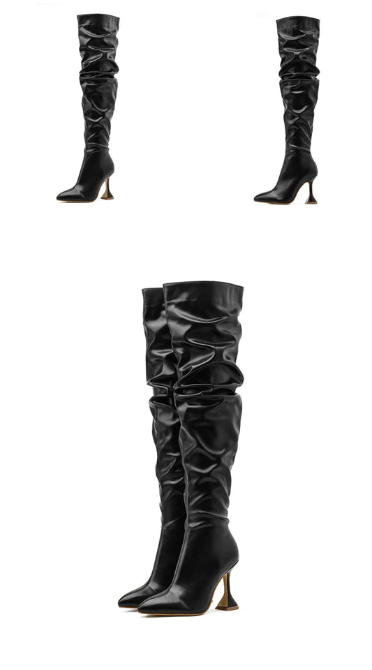 Eilyken White Pleated Leather Over The Knee Boots Fashion Runway Strange High Heels Sexy Zip Design Womans Shoes