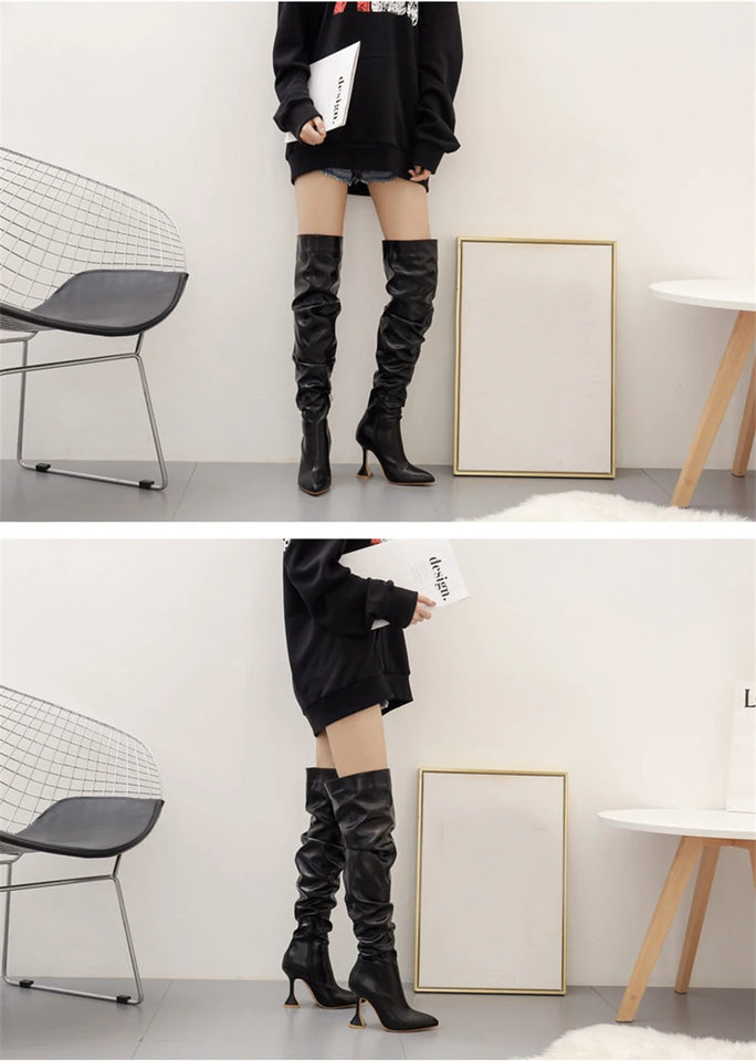 Eilyken White Pleated Leather Over The Knee Boots Fashion Runway Strange High Heels Sexy Zip Design Womans Shoes