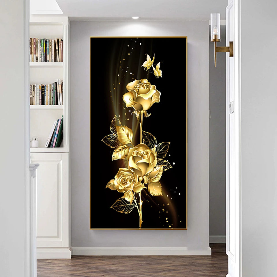 Abstract Golden Leaves and Flower Tree Oil Painting on Canvas Posters and Prints Wall Art Pictures for Living Room Cuadros Decor