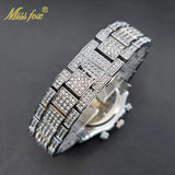 MISSFOX Men Watches 2021 Luxury Large Case With Baguette Full Diamond Quartz Wristwatch Chronograph Calendar Watch Droshipping
