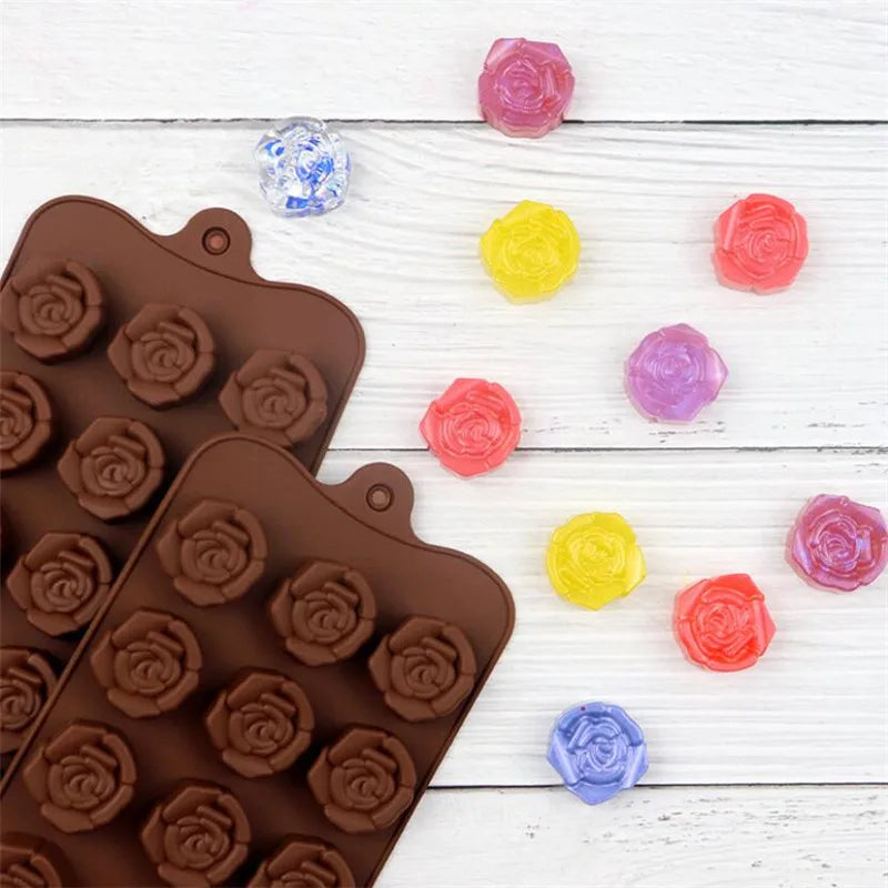 Coffee Chocolate Mould 15 Cavity Silicone Flower Rose Chocolate Cake Soap Mold Ice Trays Baking Mould Cake Decorating Tools