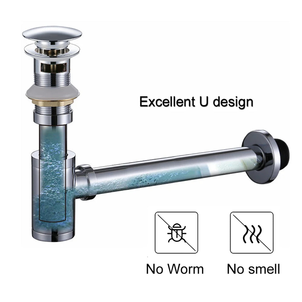 Bathroom Basin Bottle Trap Drain Modern Bathroom Sink P-Trap Set Pop Up Filter Chrome Basin Siphon Horse Accessory Renovation
