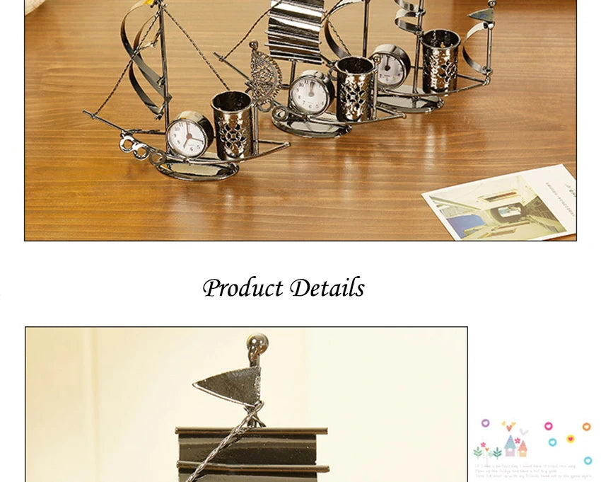 Creative Sailboat Shaped Pen Holder With Clock Office Pencil Box Desk Organizer Stand Case Stationery, Home Desktop Decoration