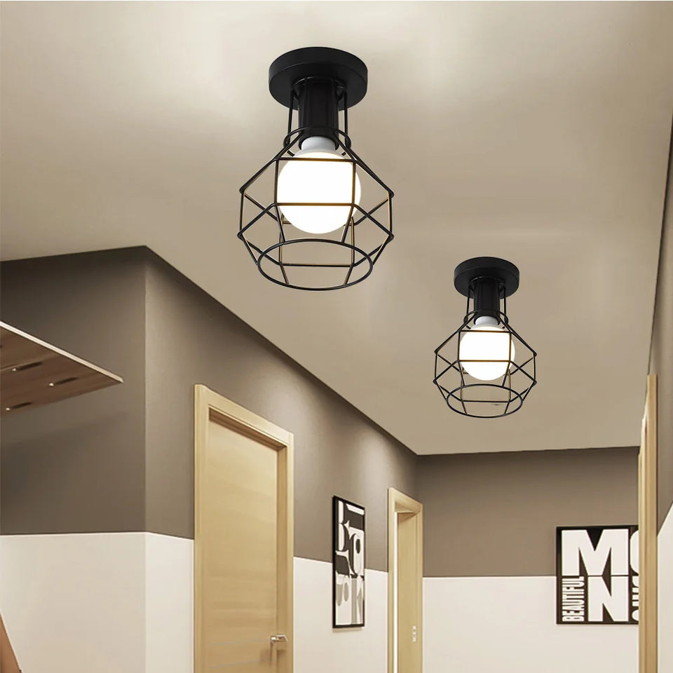 Vintage Ceiling Light Flush Mount Black Iron Lampshade Industrial E27 Pendant Light Grid Cage Bedroom Kitchen Living Room Coffee