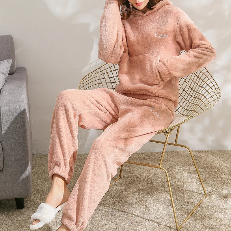 Women Winter Flannel Pajama Set Fleece Pajamas Sleepwear Homewear Thick Warm Velvet Female Suit Fall Sweatshirt Ladies Pyjama