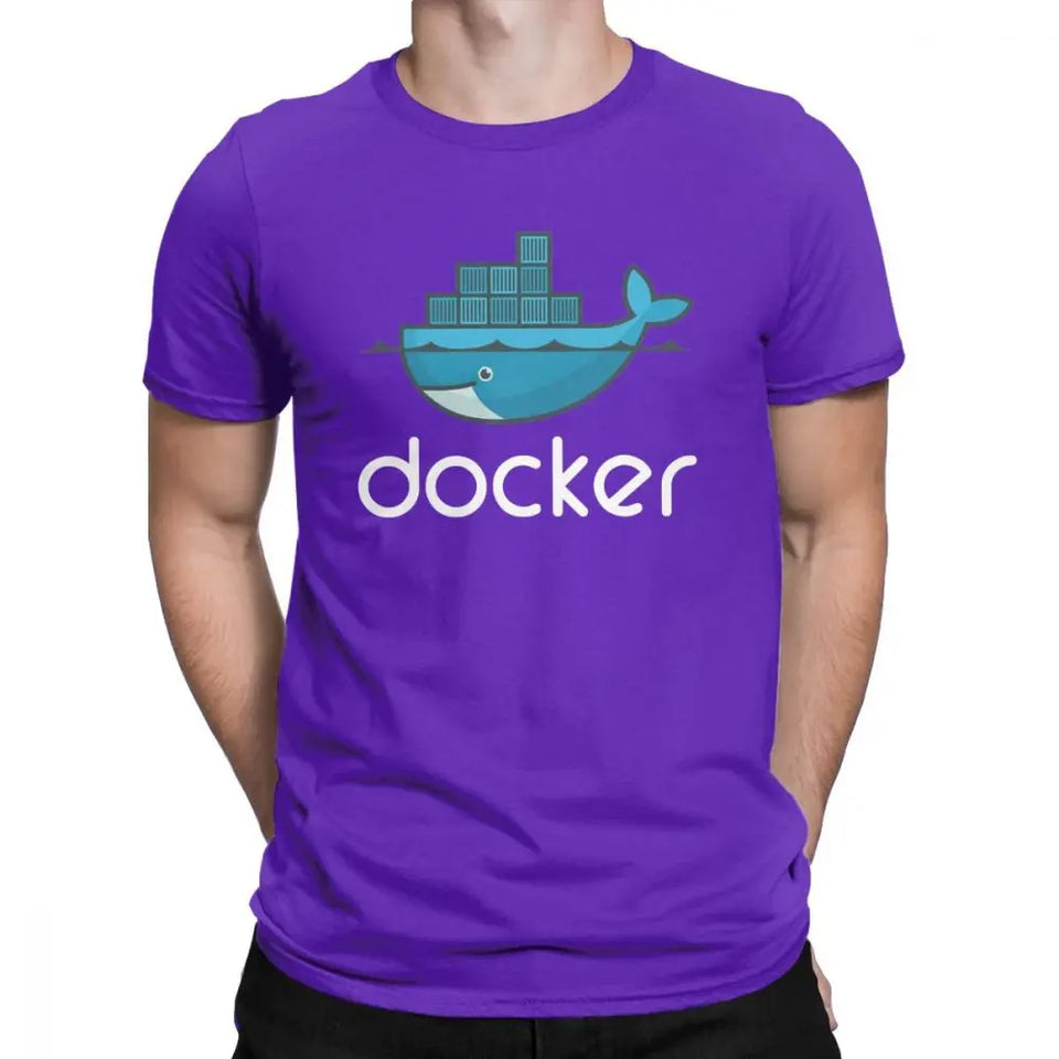 Men Docker Logo T Shirt Linux Javascript Computer Cotton Sweatshirt Funny Short Sleeve Round Neck Tees Graphic T-Shirts