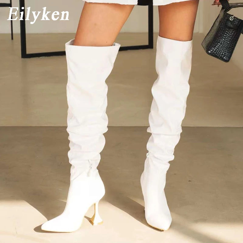 Eilyken White Pleated Leather Over The Knee Boots Fashion Runway Strange High Heels Sexy Zip Design Womans Shoes