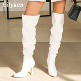Eilyken White Pleated Leather Over The Knee Boots Fashion Runway Strange High Heels Sexy Zip Design Womans Shoes