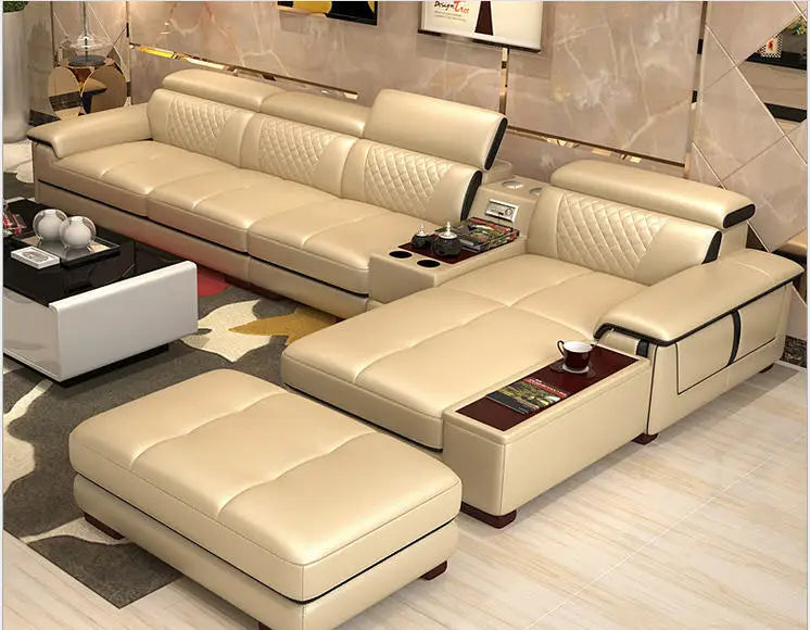 Living Room Sofa set furniture real genuine cow leather sofa recliner speaker bluetooth puff asiento muebles de sala canape cama