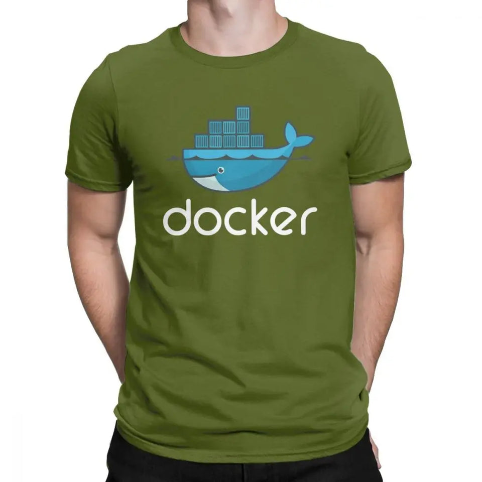 Men Docker Logo T Shirt Linux Javascript Computer Cotton Sweatshirt Funny Short Sleeve Round Neck Tees Graphic T-Shirts
