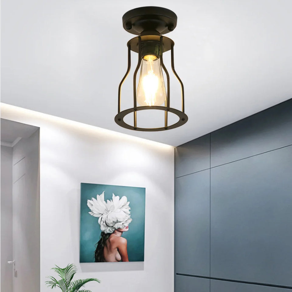 Vintage Ceiling Light Flush Mount Black Iron Lampshade Industrial E27 Pendant Light Grid Cage Bedroom Kitchen Living Room Coffee