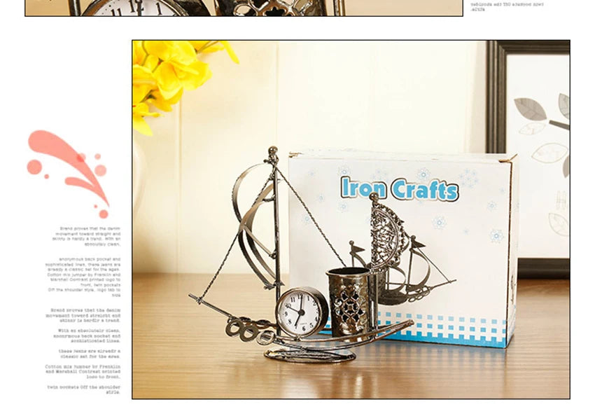 Creative Sailboat Shaped Pen Holder With Clock Office Pencil Box Desk Organizer Stand Case Stationery, Home Desktop Decoration