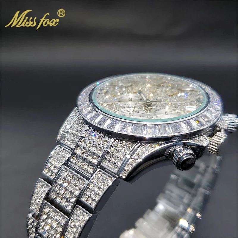 MISSFOX Men Watches 2021 Luxury Large Case With Baguette Full Diamond Quartz Wristwatch Chronograph Calendar Watch Droshipping