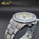 MISSFOX Men Watches 2021 Luxury Large Case With Baguette Full Diamond Quartz Wristwatch Chronograph Calendar Watch Droshipping