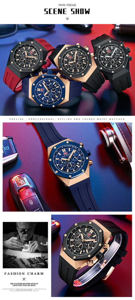 MINI FOCUS Watches Men Blue Silicone Strap Sport Watch Waterproof Luminous Chronograph Quartz Wristwatch часы мужские reloj 0417