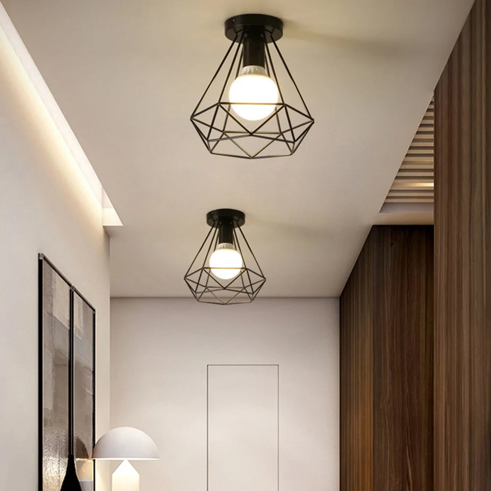 Vintage Ceiling Light Flush Mount Black Iron Lampshade Industrial E27 Pendant Light Grid Cage Bedroom Kitchen Living Room Coffee